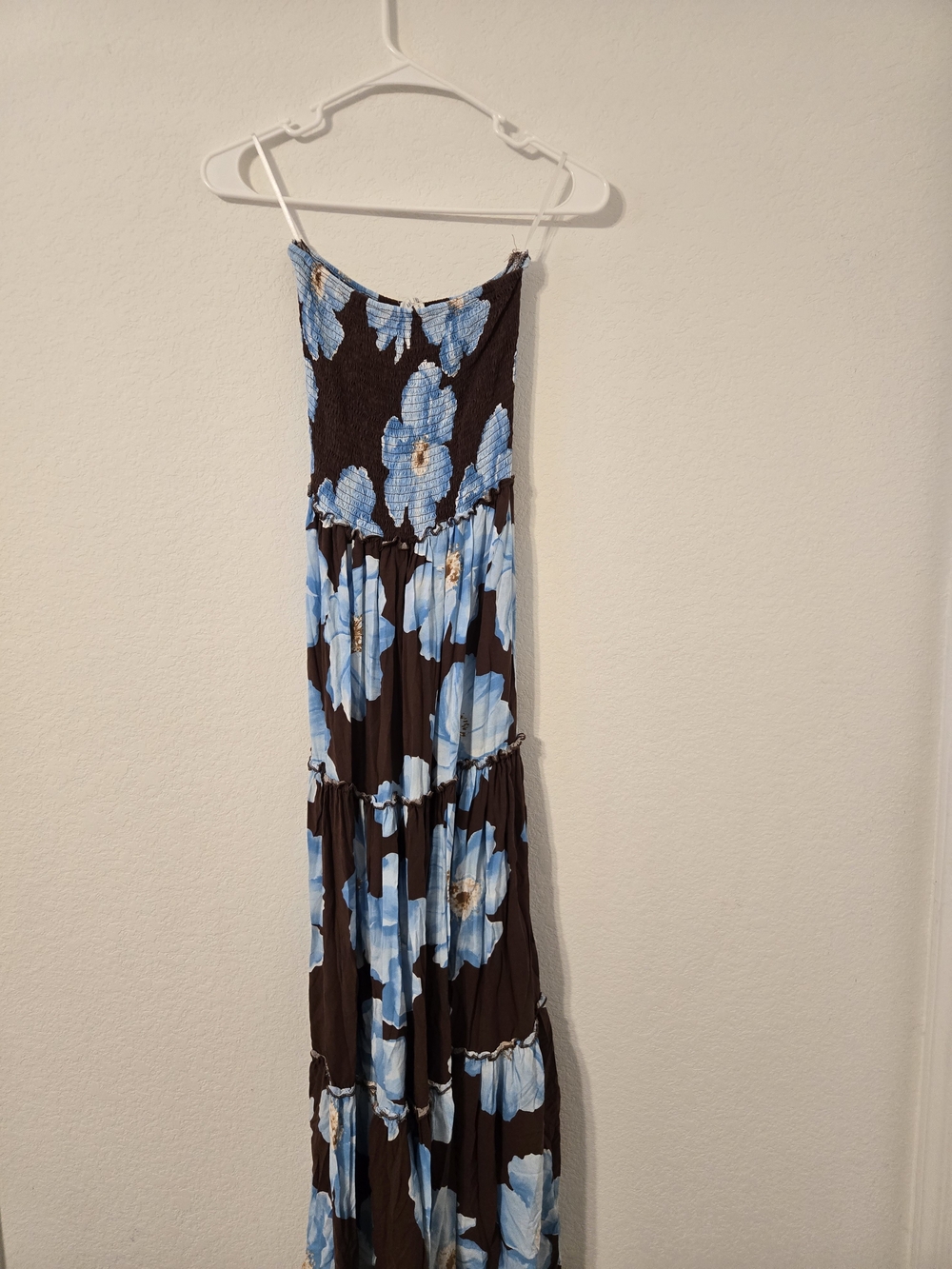 Brown Strapless Maxi Dress with Blue Floral Print